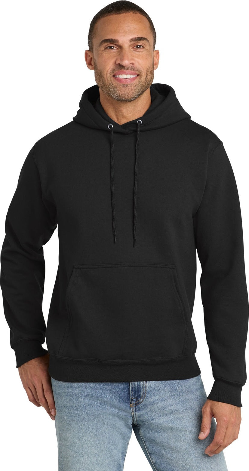 Front View of Jet Black Port & Co Tall Essential Fleece Pullover Hooded Sweatshirt. PC90HT