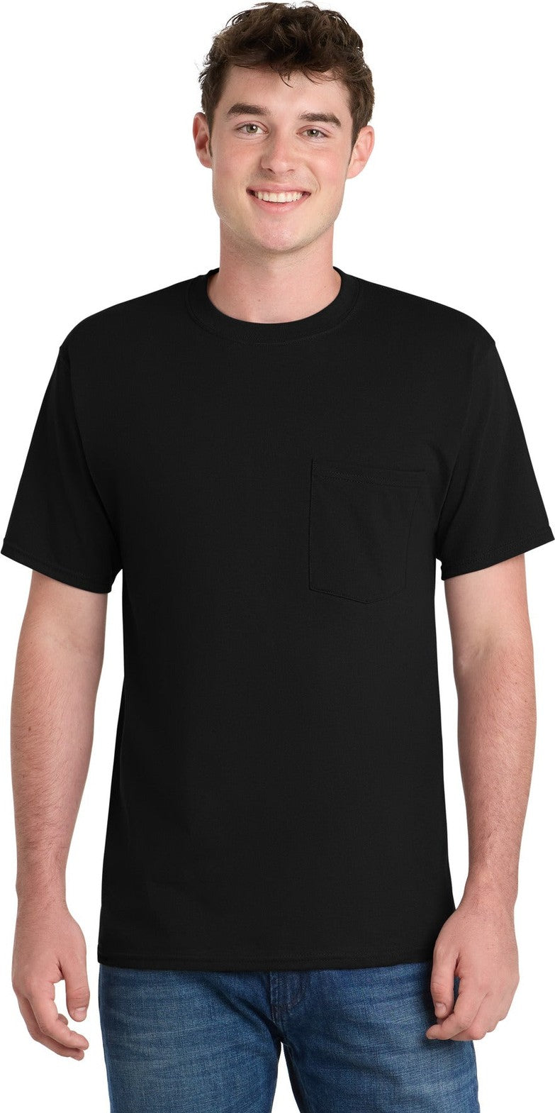 Front View of Jet Black Port & Co Tall Essential Pocket Tee. PC61PT