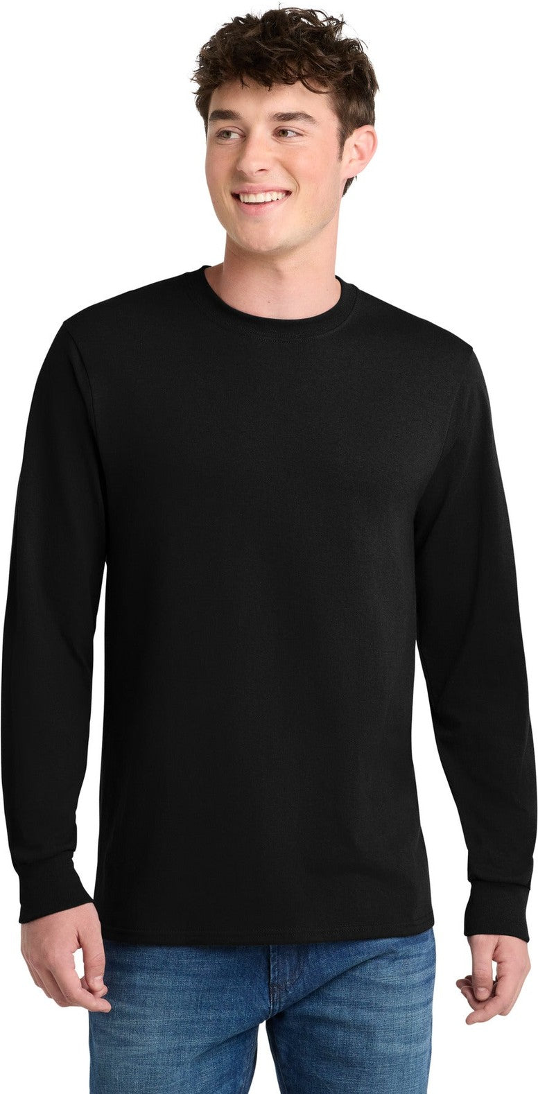 Front View of Jet Black Port & Co Tall Long Sleeve Core Blend Tee. PC55LST