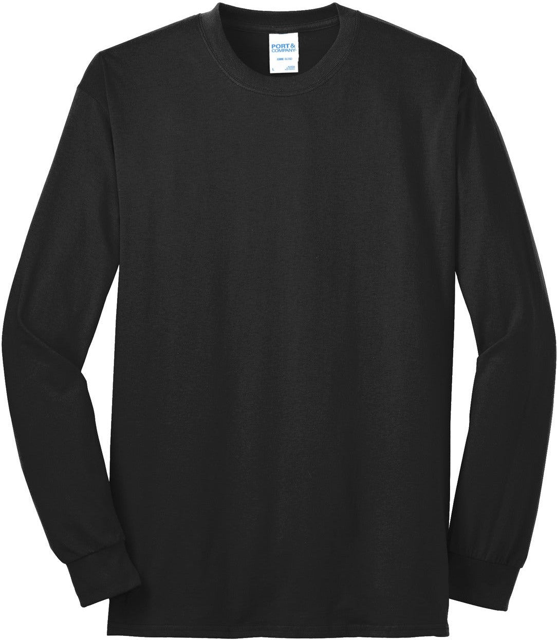 Front View of Jet Black Port & Co Tall Long Sleeve Core Blend Tee. PC55LST