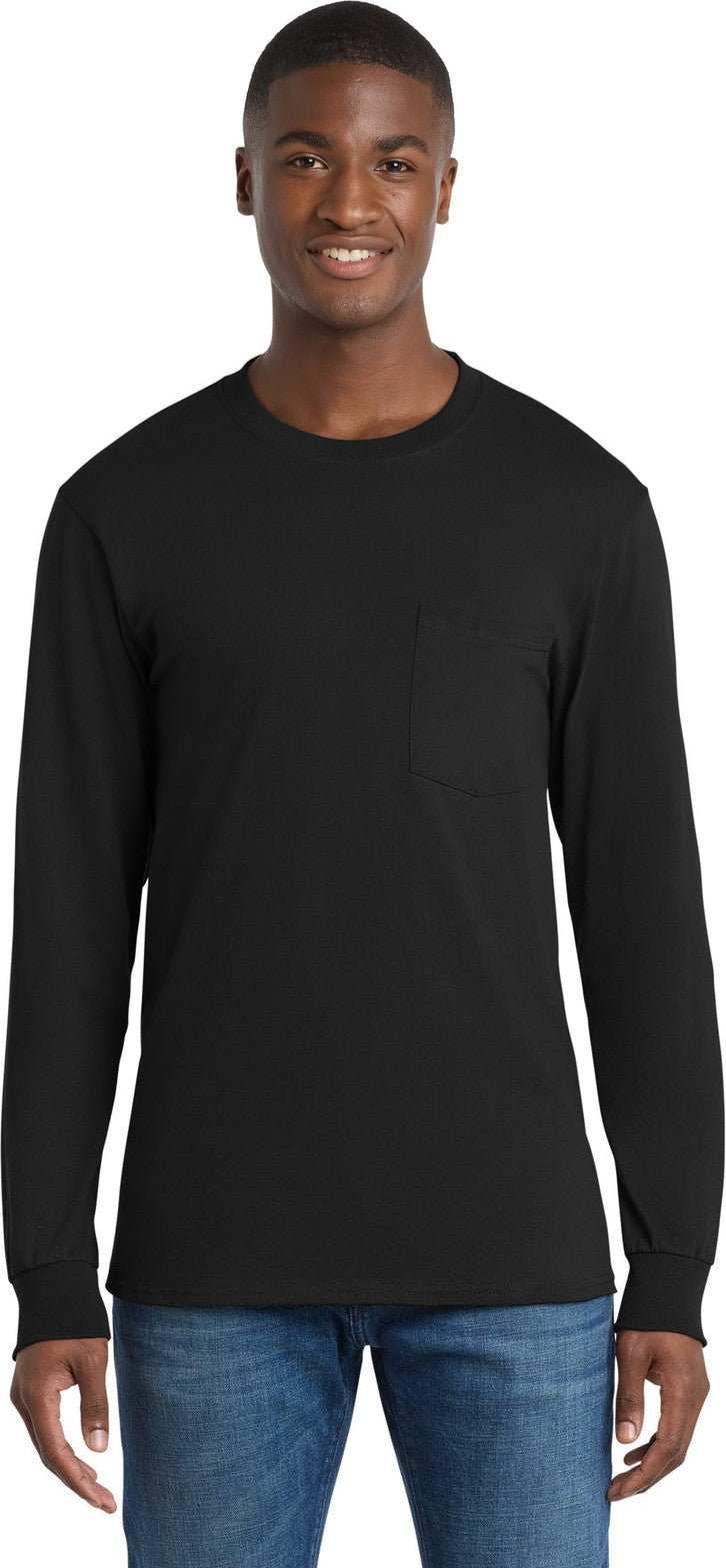 Front View of Jet Black Port & Co Tall Long Sleeve Essential Pocket Tee. PC61LSPT