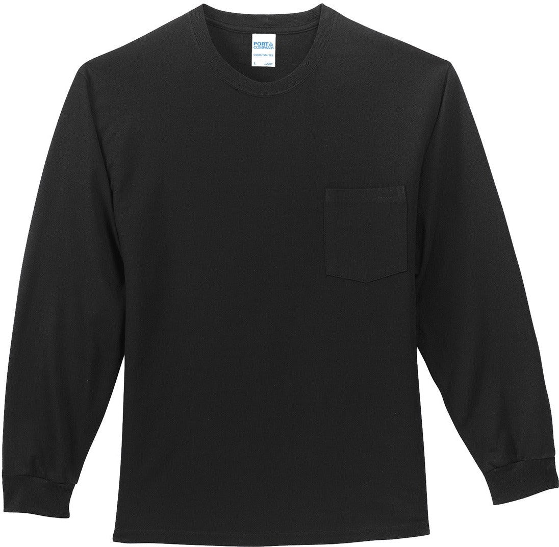Front View of Jet Black Port & Co Tall Long Sleeve Essential Pocket Tee. PC61LSPT