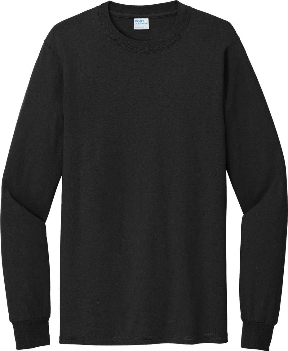 Front View of Jet Black Port & Co Tall Long Sleeve Essential Tee. PC61LST
