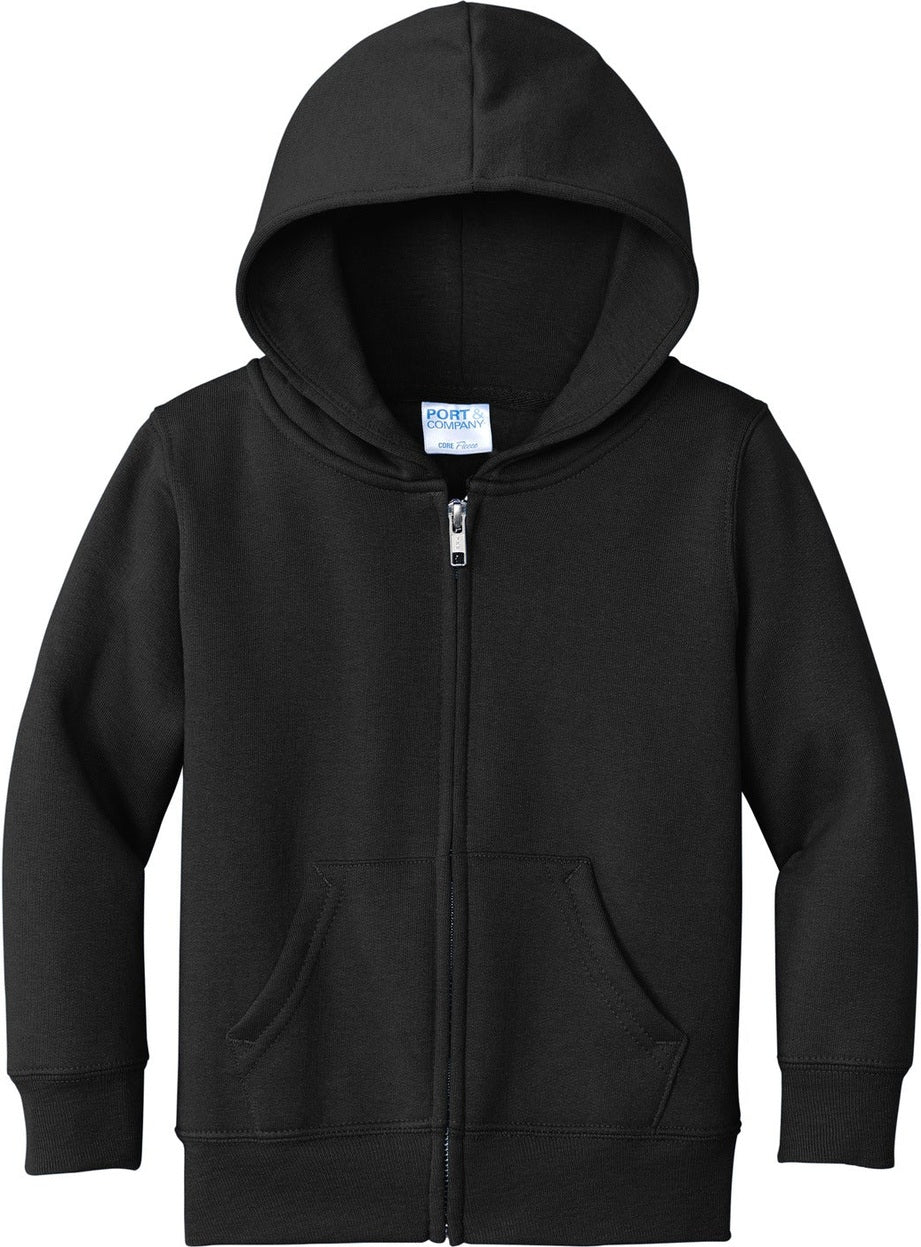 Front View of Jet Black Port & Co Toddler Core Fleece Full-Zip Hooded Sweatshirt. CAR78TZH