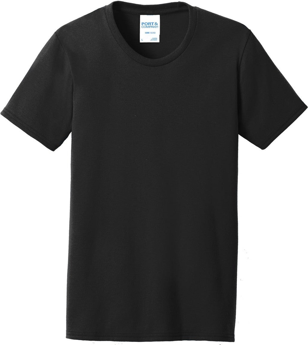 Front View of Jet Black Port & Co Women's Core Blend Tee. LPC55