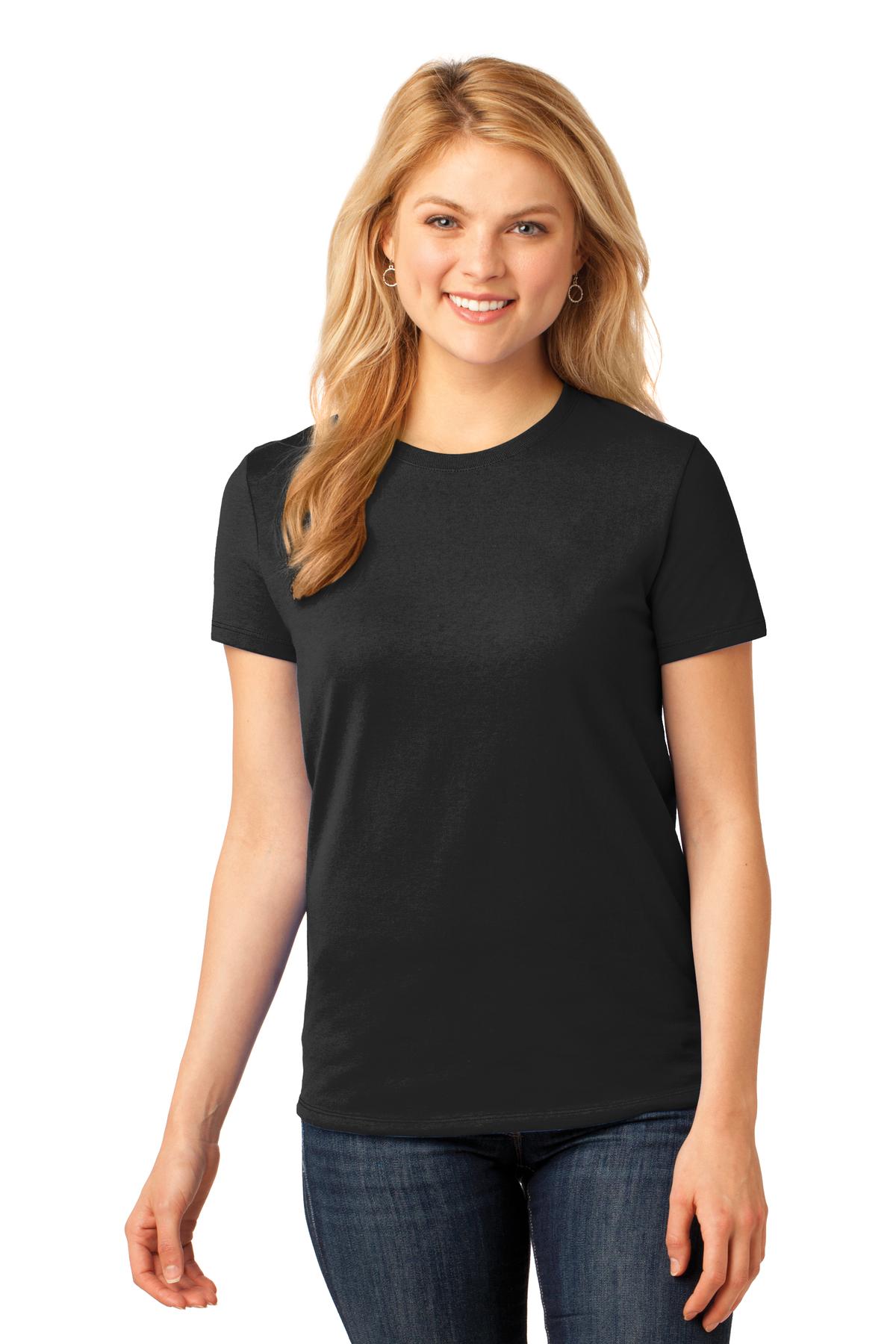Front View of Jet Black Port & Co Women's Core Cotton Tee. LPC54