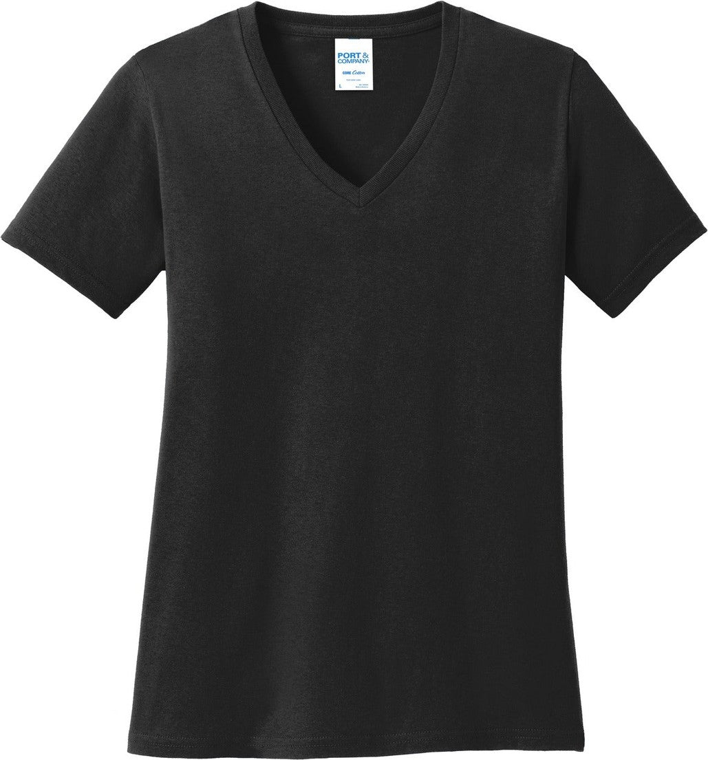 Front View of Jet Black Port & Co Women's Core Cotton V-Neck Tee. LPC54V