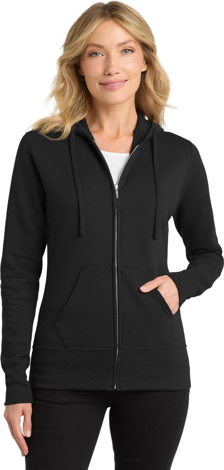 Front View of Jet Black Port & Co Women's Core Fleece Full-Zip Hooded Sweatshirt. LPC78ZH