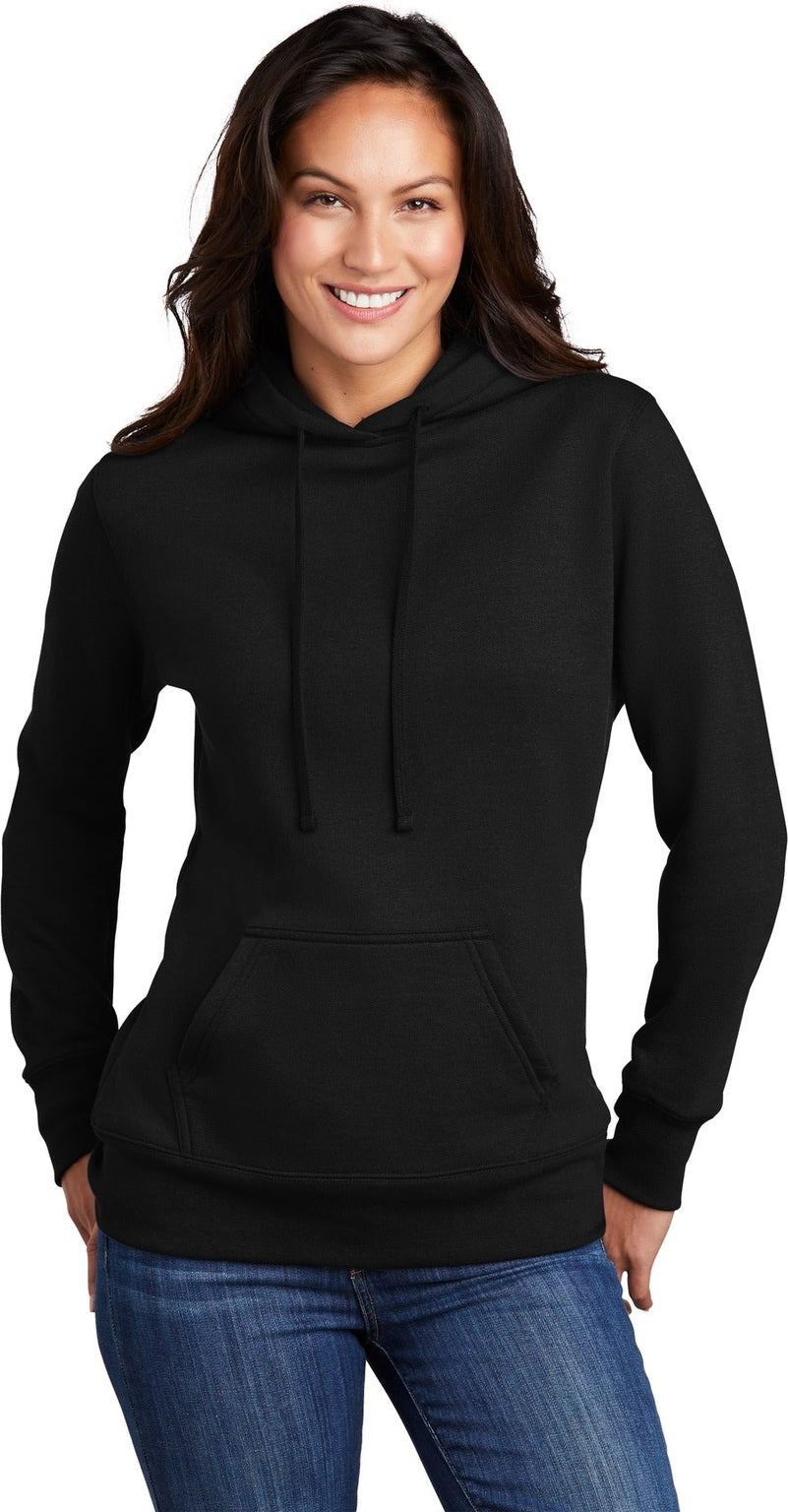 Front View of Jet Black Port & Co Women's Core Fleece Pullover Hooded Sweatshirt LPC78H
