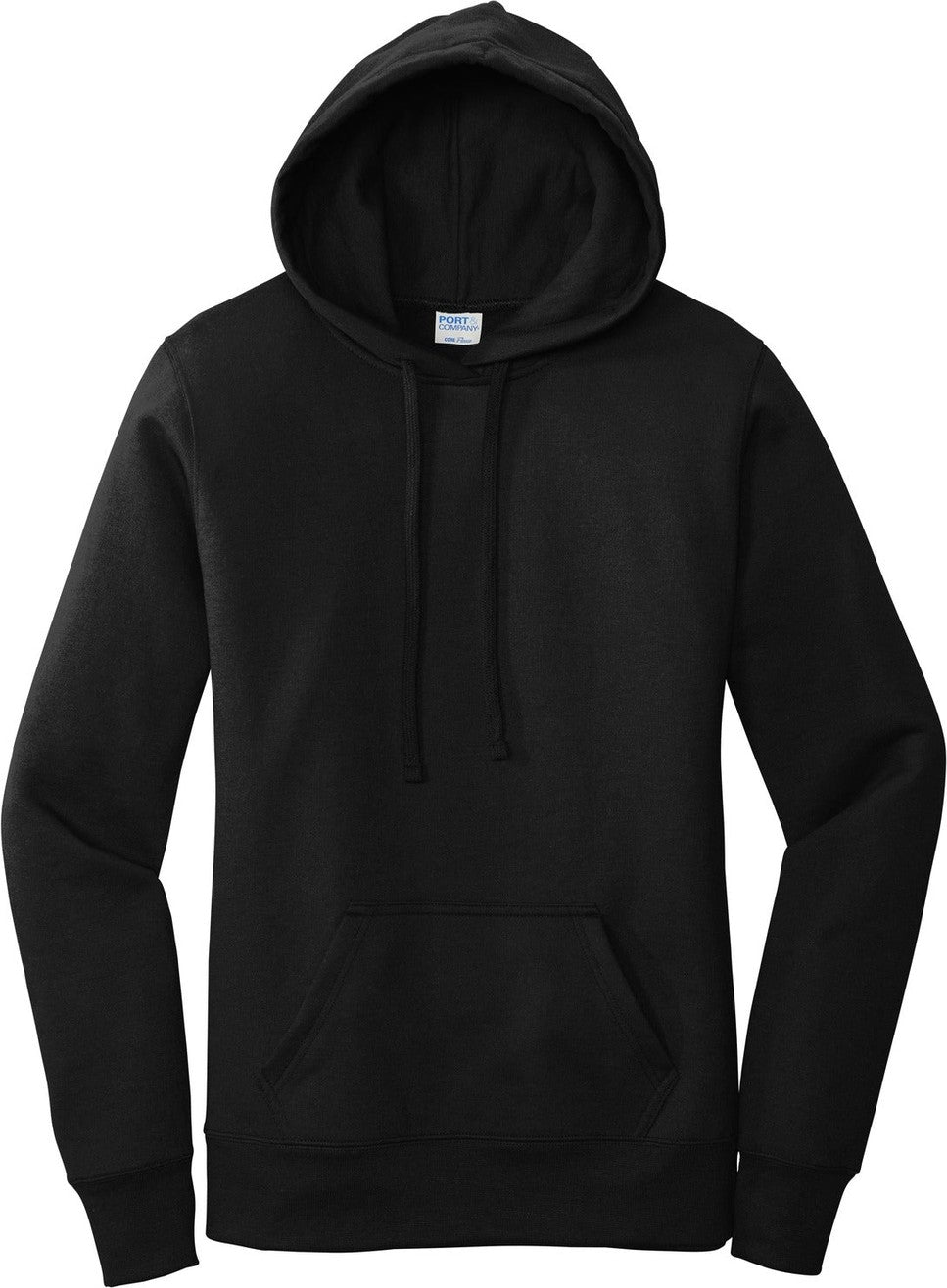 Front View of Jet Black Port & Co Women's Core Fleece Pullover Hooded Sweatshirt LPC78H