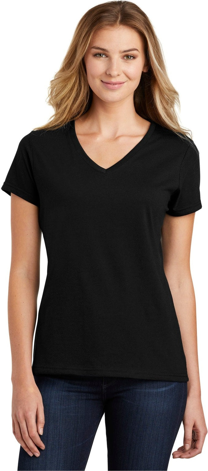 Front View of Jet Black Port & Co Women's Fan Favorite Blend V-Neck Tee. LPC455V