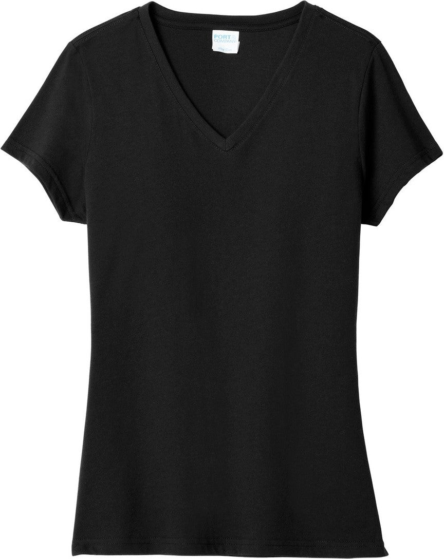 Front View of Jet Black Port & Co Women's Fan Favorite Blend V-Neck Tee. LPC455V