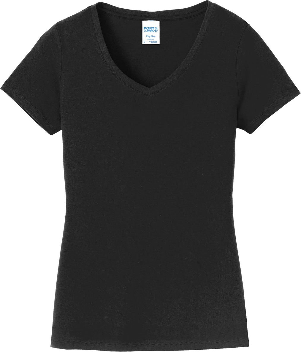 Front View of Jet Black Port & Co Women's Fan Favorite V-Neck Tee. LPC450V