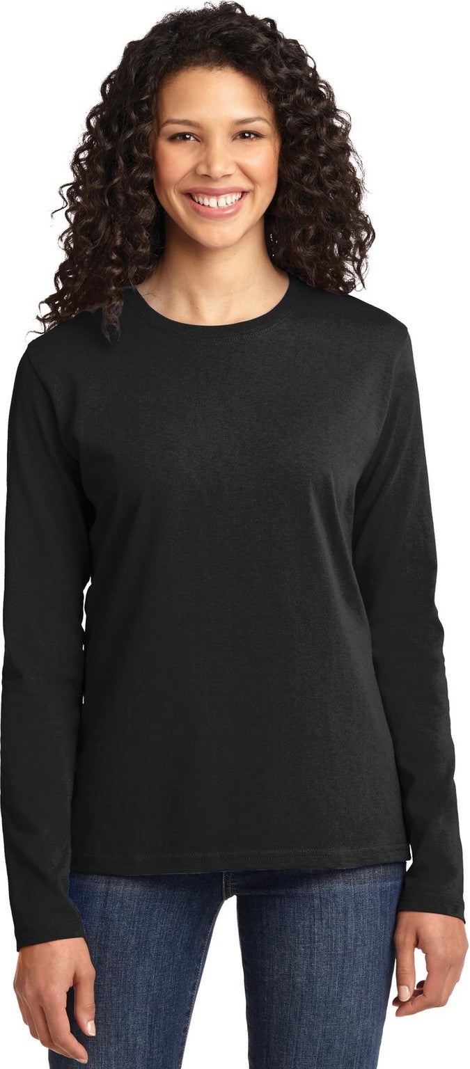 Front View of Jet Black Port & Co Women's Long Sleeve Core Cotton Tee. LPC54LS