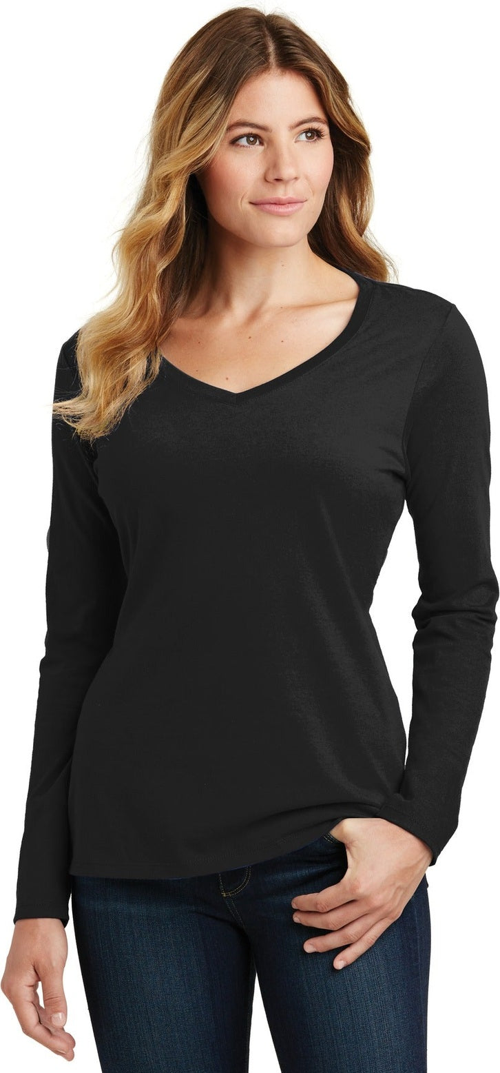 Front View of Jet Black Port & Co Women's Long Sleeve Fan Favorite V-Neck Tee. LPC450VLS