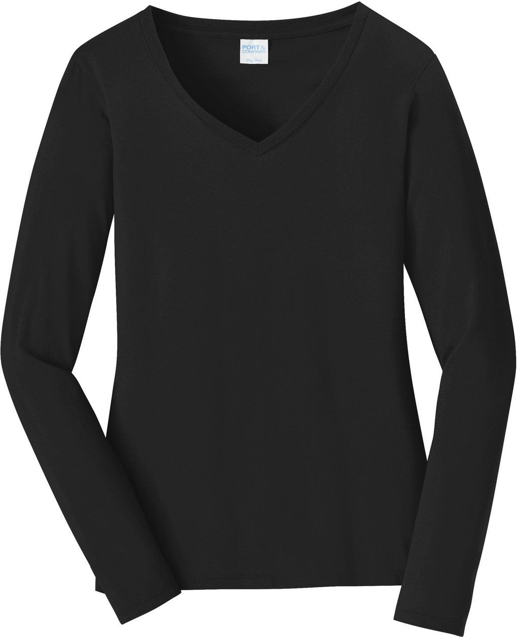 Front View of Jet Black Port & Co Women's Long Sleeve Fan Favorite V-Neck Tee. LPC450VLS