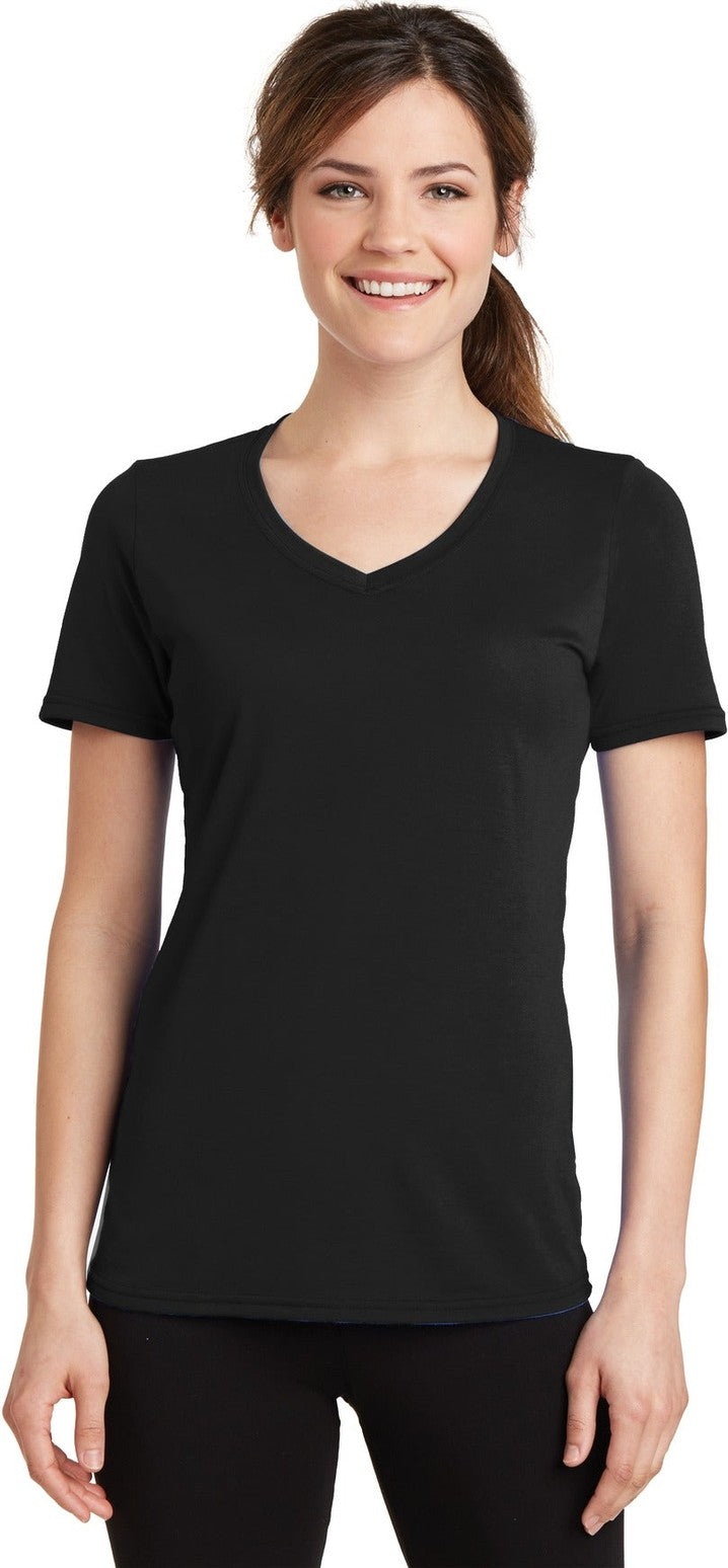 Front View of Jet Black Port & Co Women's Performance Blend V-Neck Tee. LPC381V