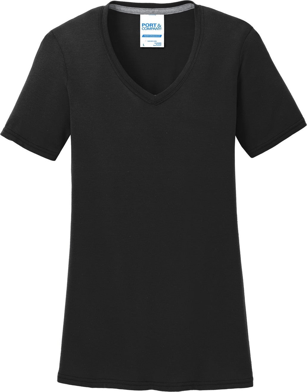 Front View of Jet Black Port & Co Women's Performance Blend V-Neck Tee. LPC381V