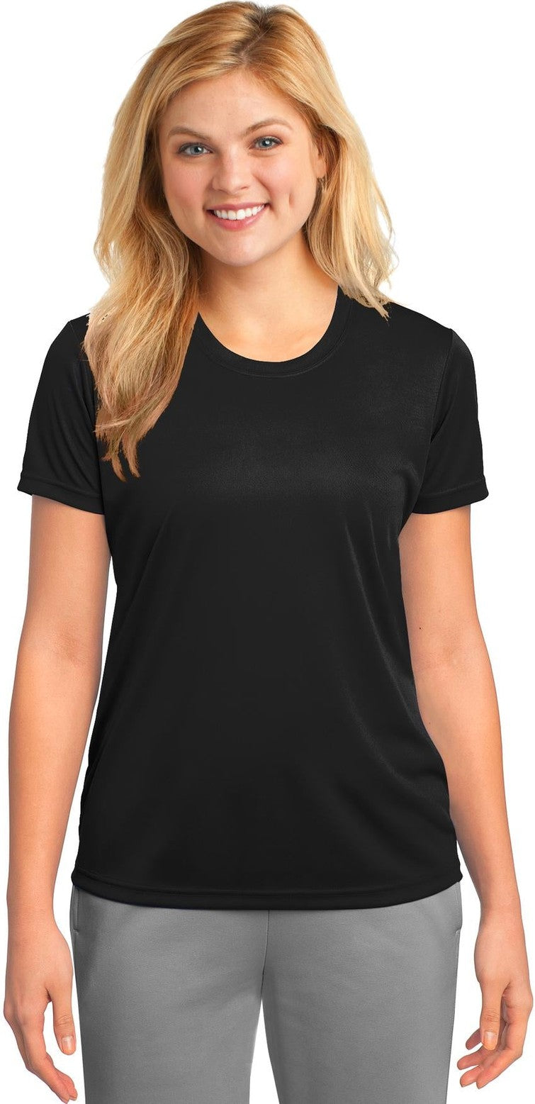 Front View of Jet Black Port & Co Women's Performance Tee. LPC380