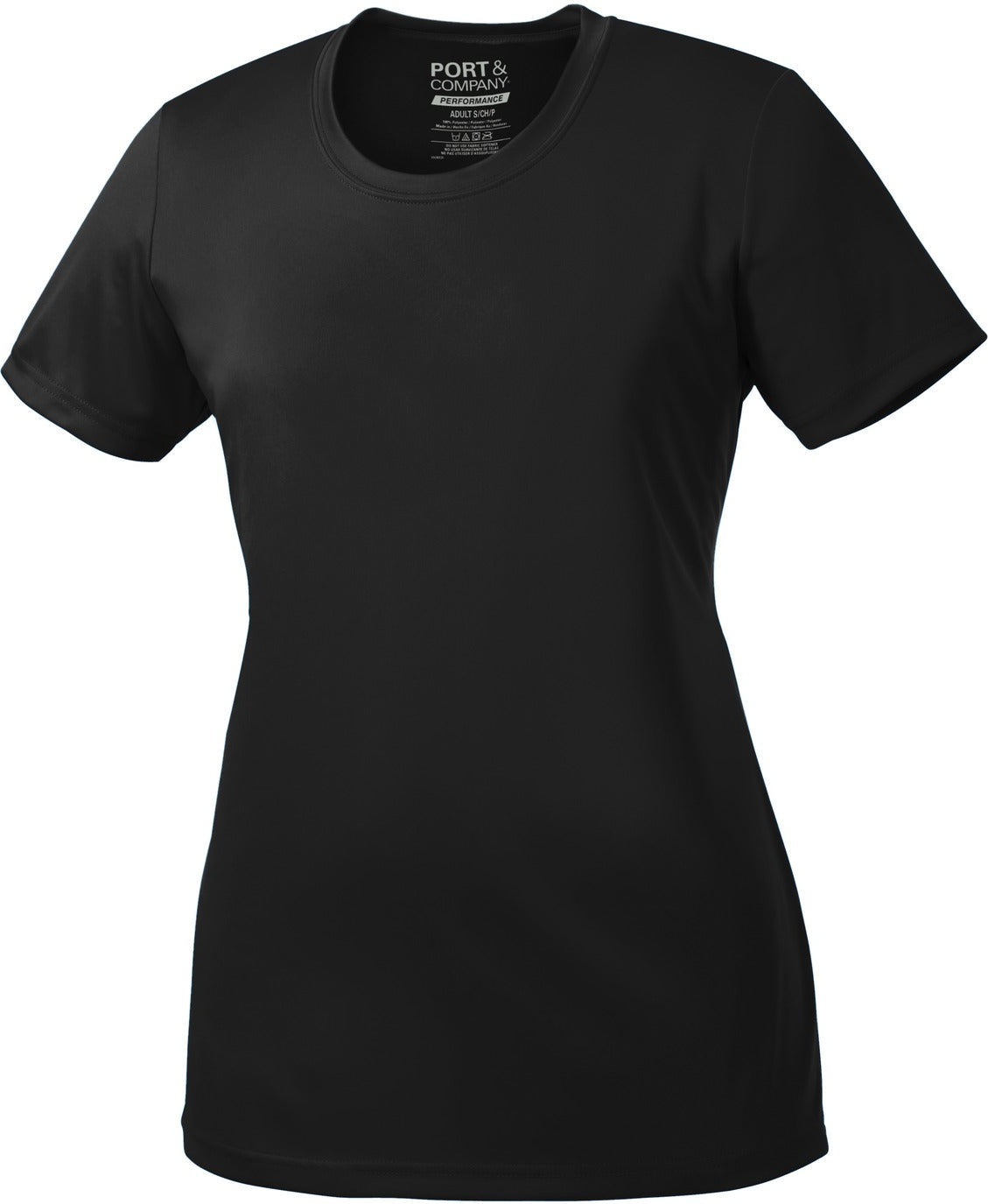 Front View of Jet Black Port & Co Women's Performance Tee. LPC380