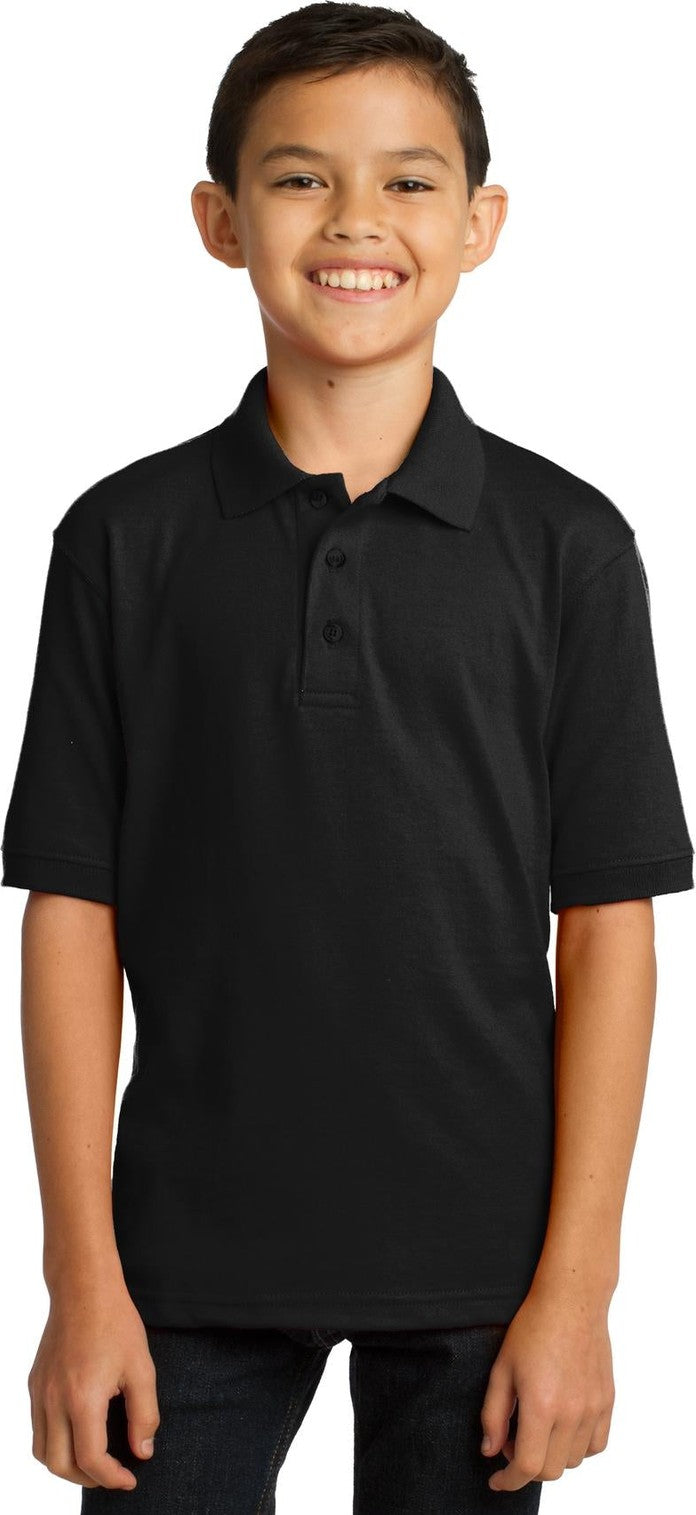 Front View of Jet Black Port & Co Youth Core Blend Jersey Knit Polo. KP55Y
