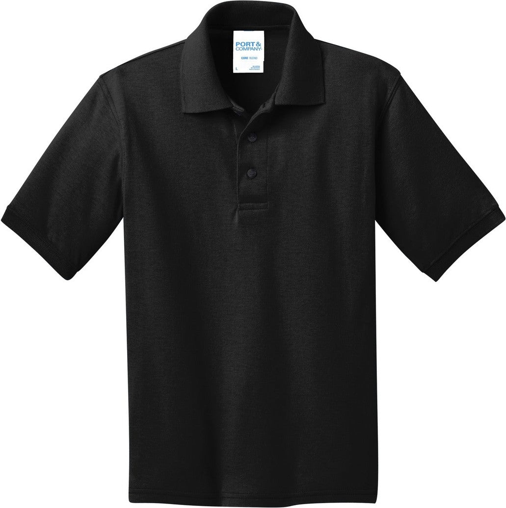 Front View of Jet Black Port & Co Youth Core Blend Jersey Knit Polo. KP55Y