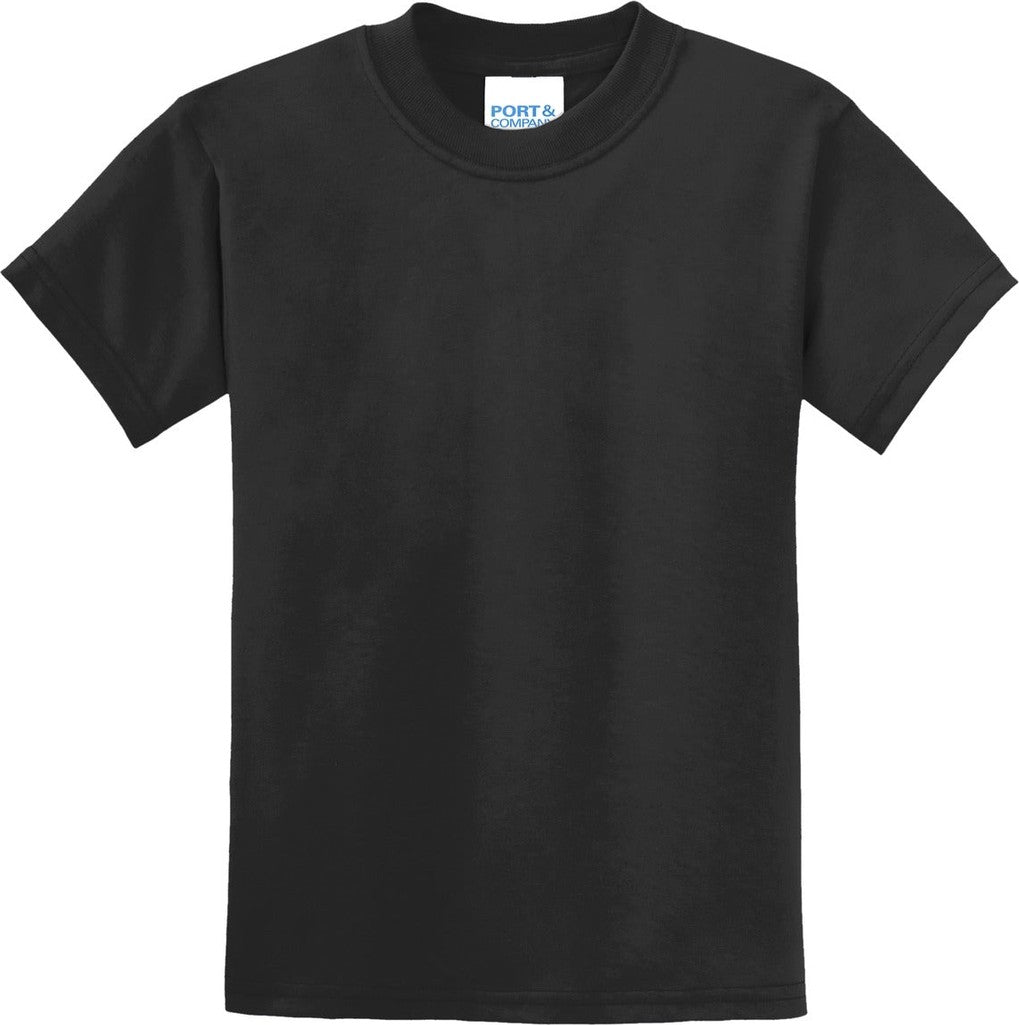 Front View of Jet Black Port & Co Youth Core Blend Tee. PC55Y