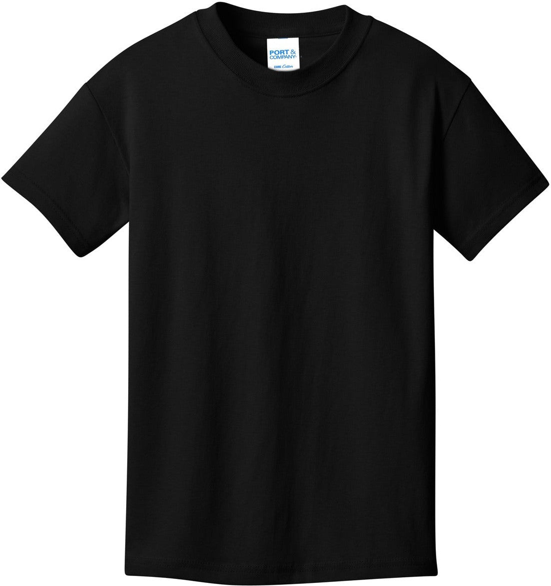 Front View of Jet Black Port & Co Youth Core Cotton Tee. PC54Y