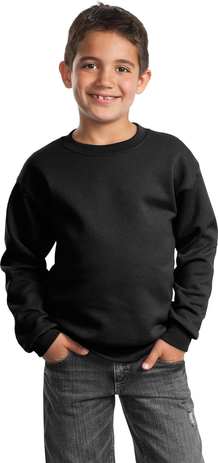 Front View of Jet Black Port & Co Youth Core Fleece Crewneck Sweatshirt. PC90Y