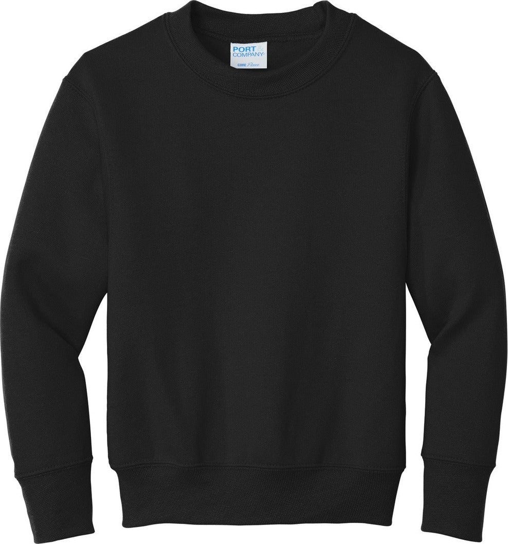 Front View of Jet Black Port & Co Youth Core Fleece Crewneck Sweatshirt. PC90Y