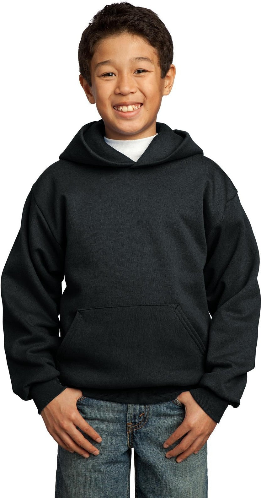 Front View of Jet Black Port & Co Youth Core Fleece Pullover Hooded Sweatshirt. PC90YH