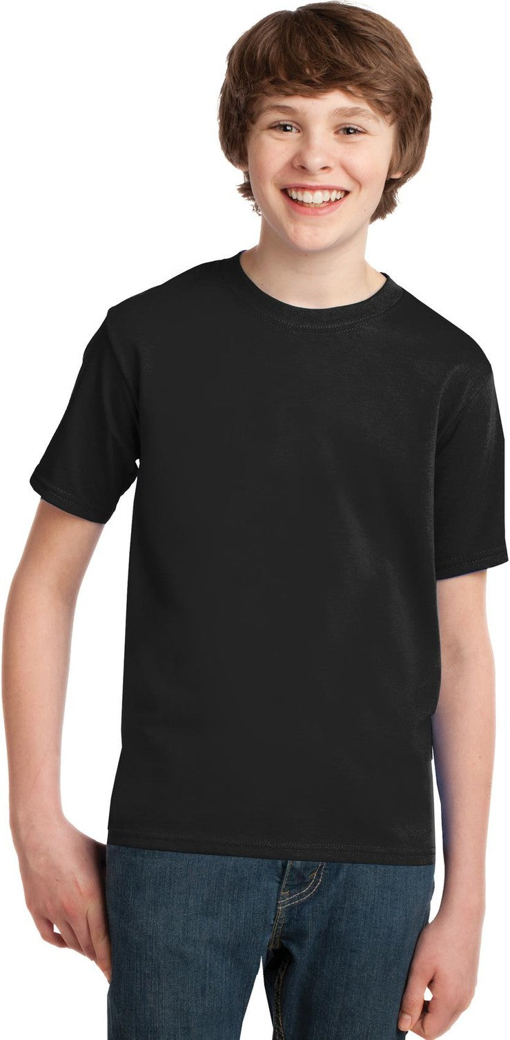 Front View of Jet Black Port & Co Youth Essential Tee. PC61Y