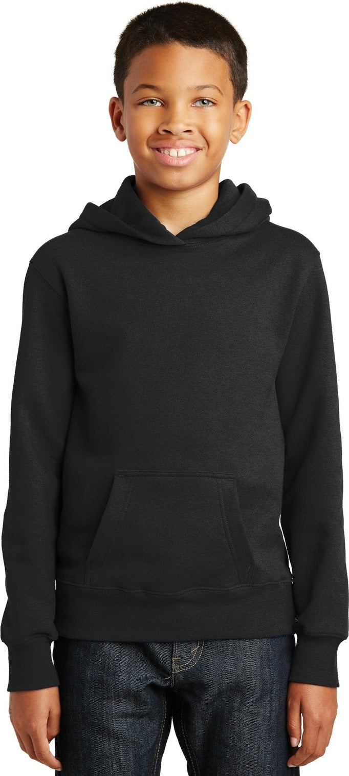 Front View of Jet Black Port & Co Youth Fan Favorite Fleece Pullover Hooded Sweatshirt. PC850YH