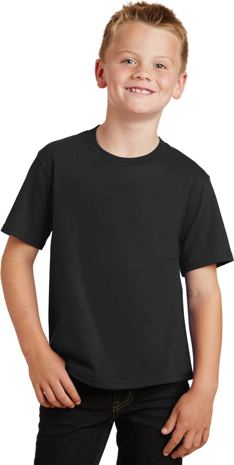 Front View of Jet Black Port & Co Youth Fan Favorite Tee. PC450Y
