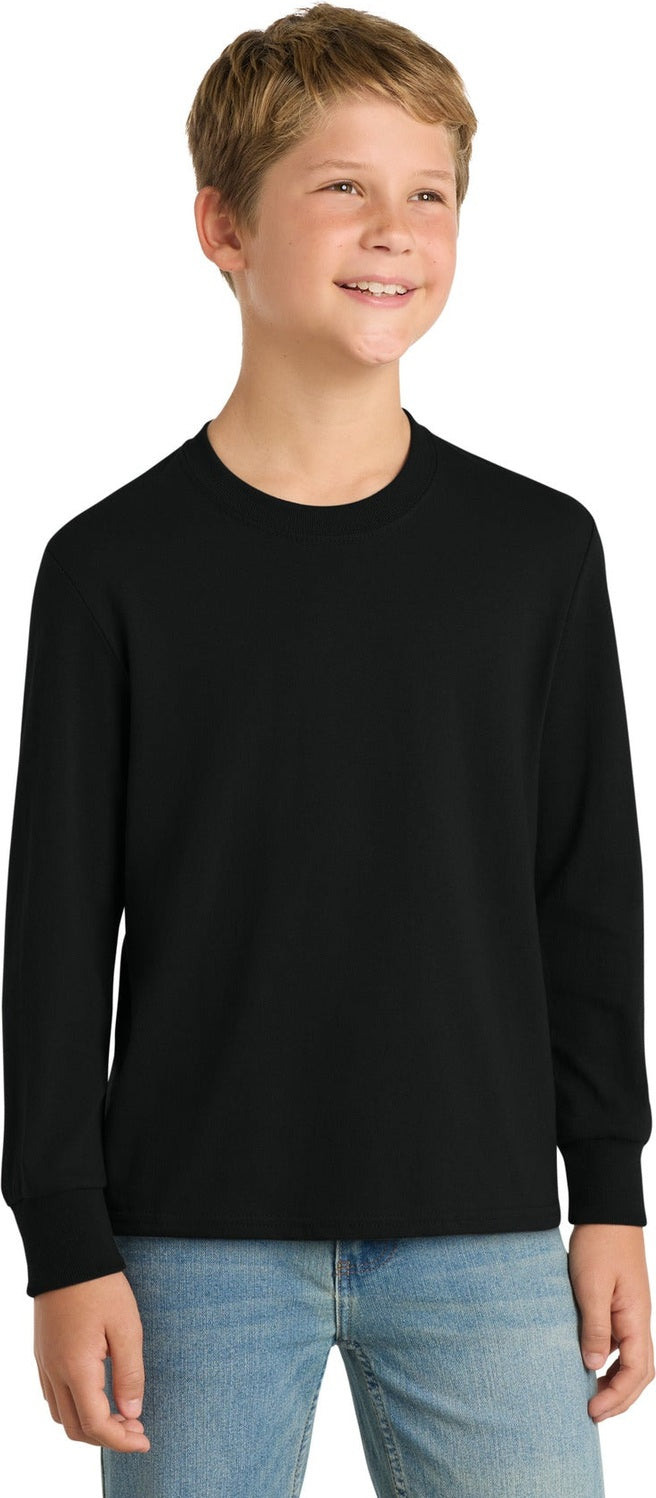Front View of Jet Black Port & Co Youth Long Sleeve Core Cotton Tee. PC54YLS