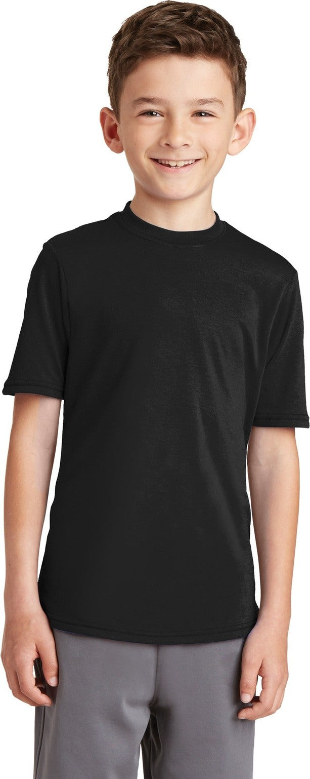 Front View of Jet Black Port & Co Youth Performance Blend Tee. PC381Y