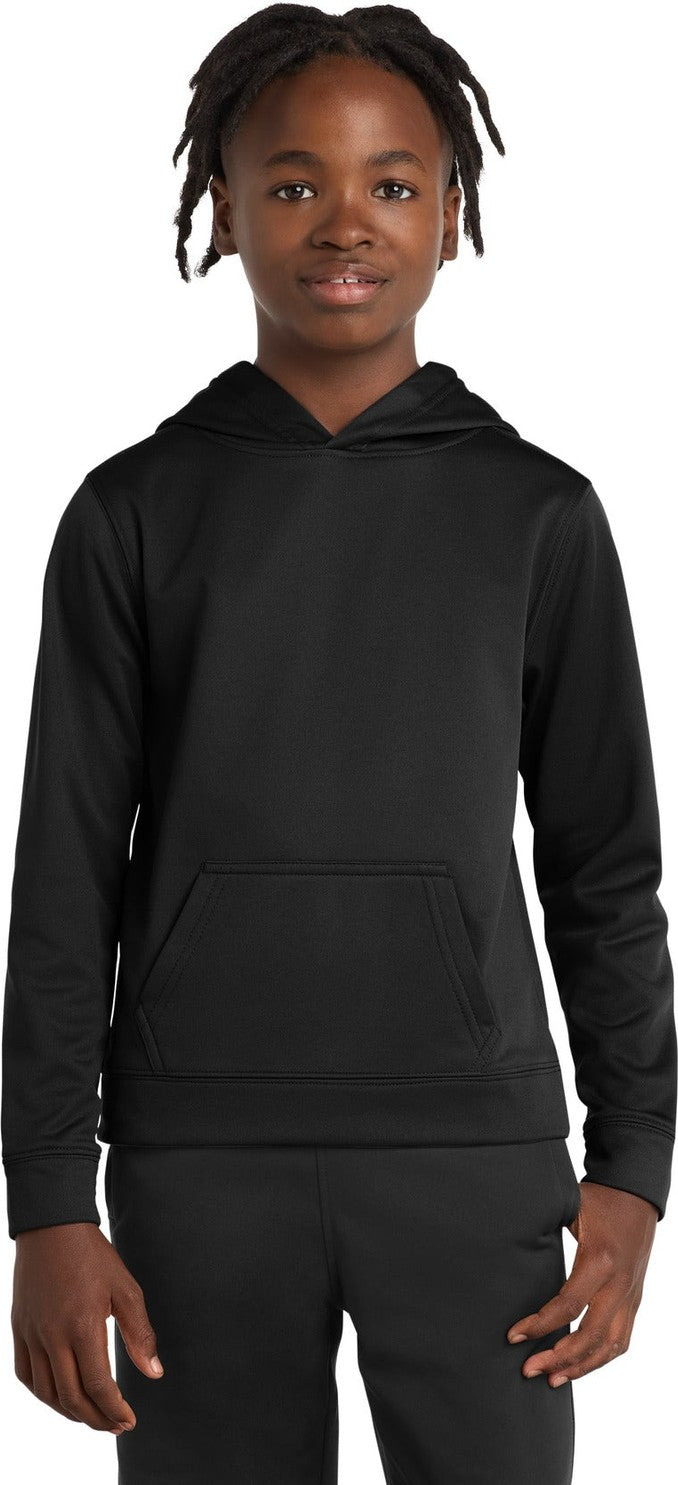 Front View of Jet Black Port & Co Youth Performance Fleece Pullover Hooded Sweatshirt. PC590YH