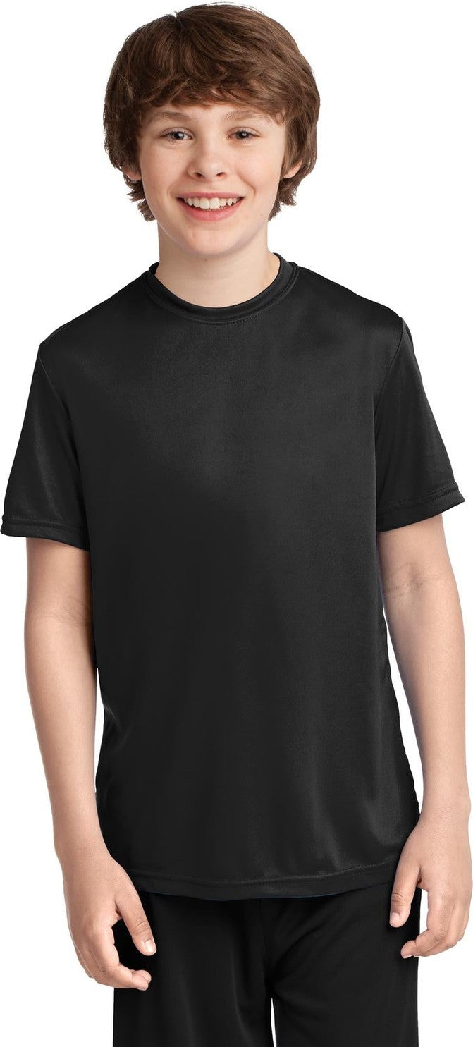 Front View of Jet Black Port & Co Youth Performance Tee. PC380Y