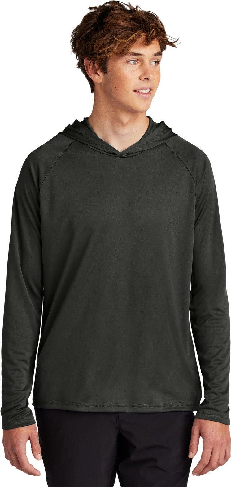 Front View of JetBlack Port & Co Performance Pullover Hooded Tee PC380H
