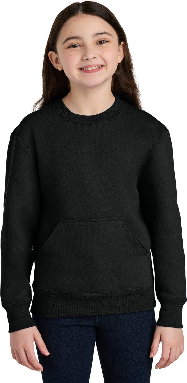 Front View of JetBlack Port & Co Youth Core Fleece Crewneck Pocket Sweatshirt PC78YPKT