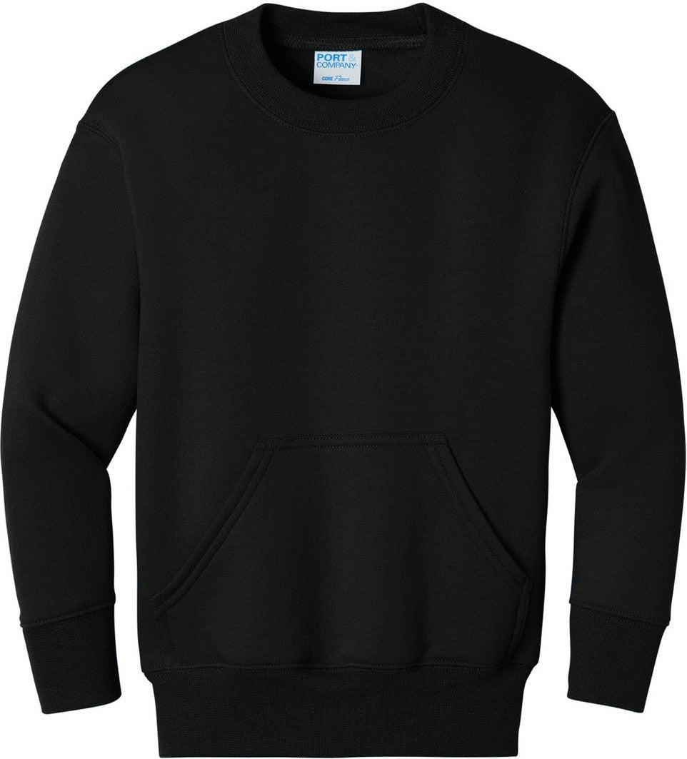 Front View of JetBlack Port & Co Youth Core Fleece Crewneck Pocket Sweatshirt PC78YPKT