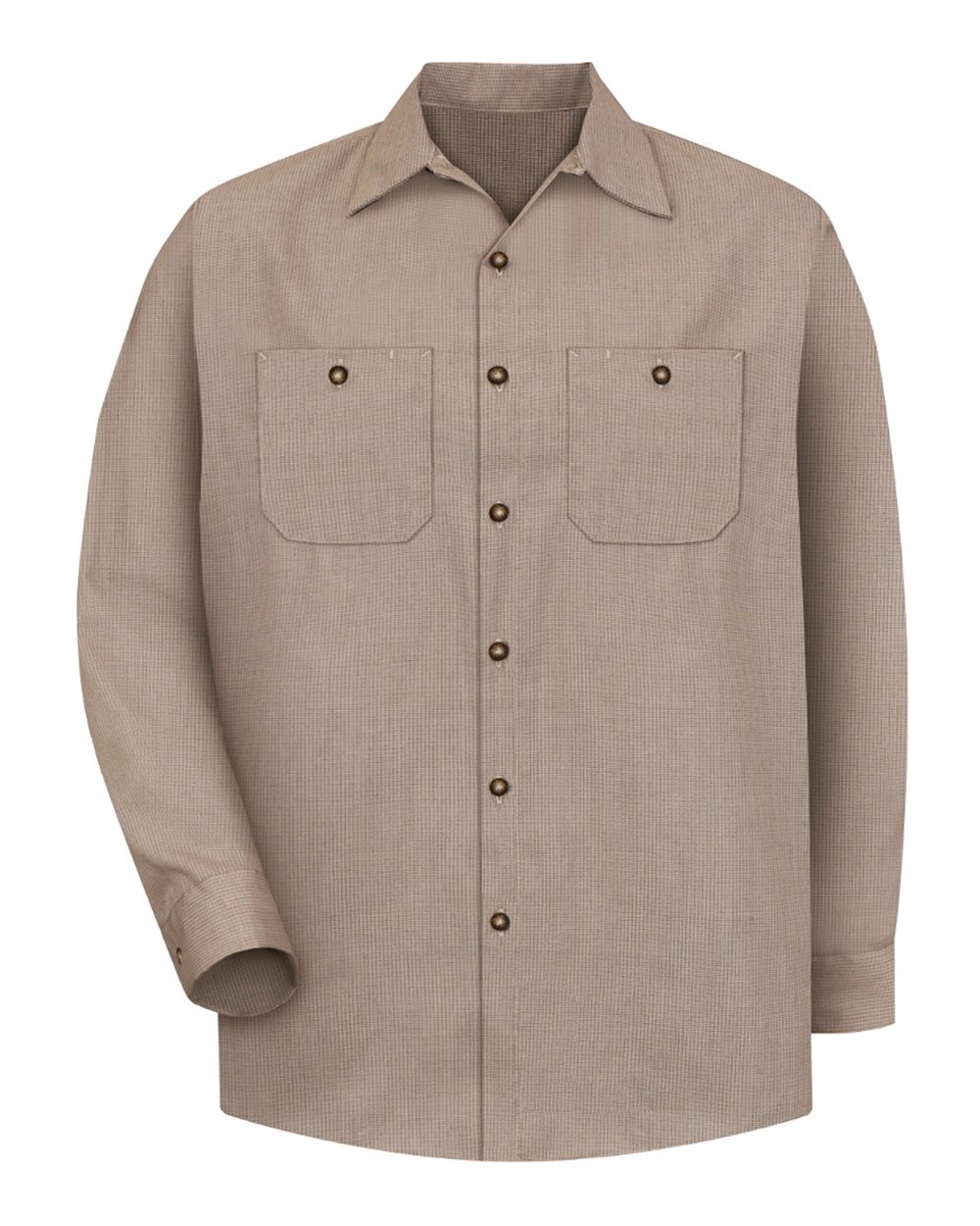 Front View of KB-Khaki/ Black Microcheck Industrial Long Sleeve Work Shirt - SP14