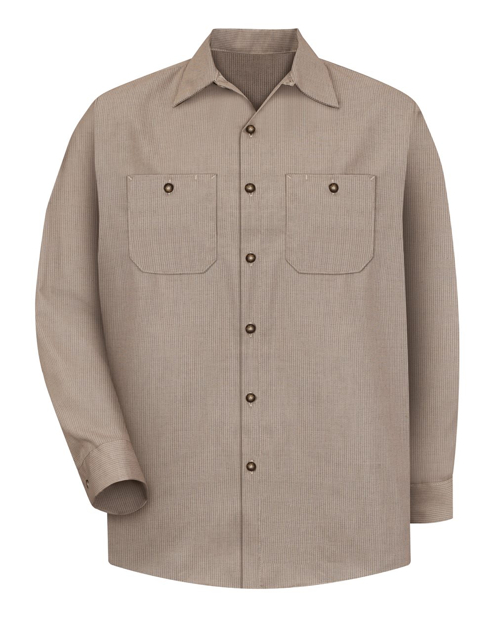 Front View of KB-Khaki/ Black Microcheck Industrial Long Sleeve Work Shirt - Tall Sizes - SP14T