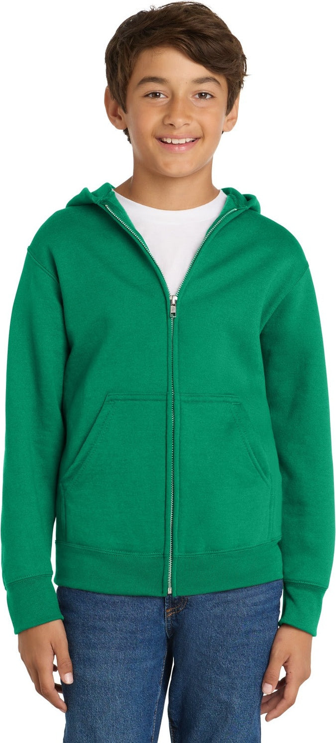 Front View of Kelly Port & Co Youth Core Fleece Full-Zip Hooded Sweatshirt. PC90YZH