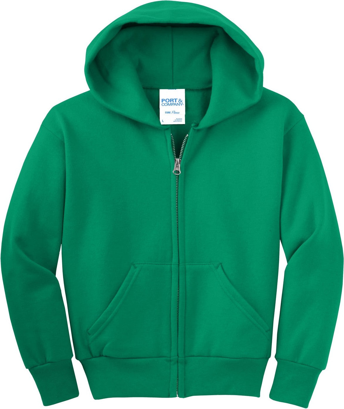 Front View of Kelly Port & Co Youth Core Fleece Full-Zip Hooded Sweatshirt. PC90YZH