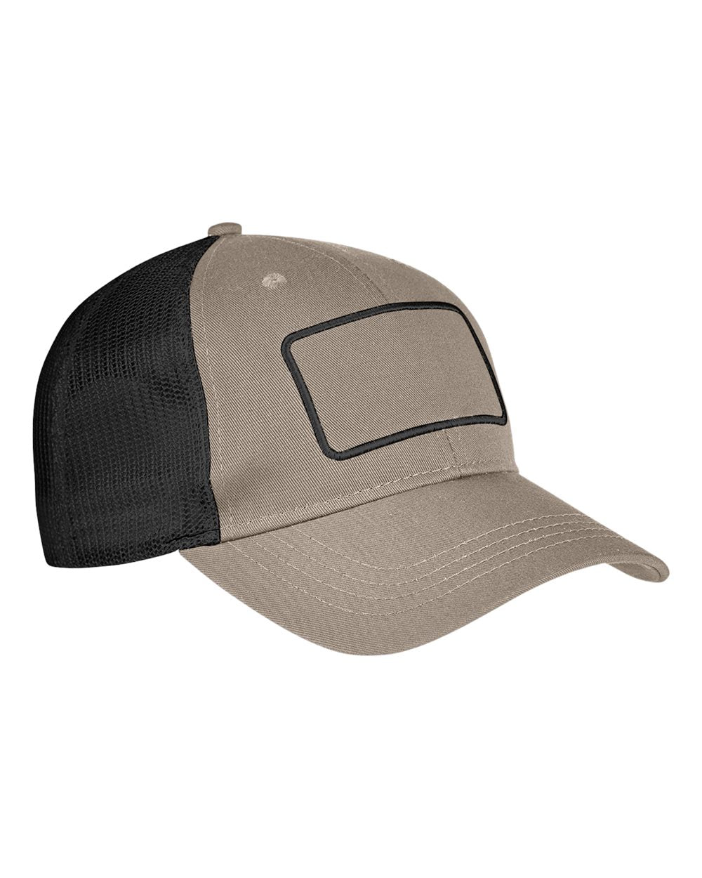 Front View of Khaki/ Black/ Black Patch Trucker Cap - BA656T
