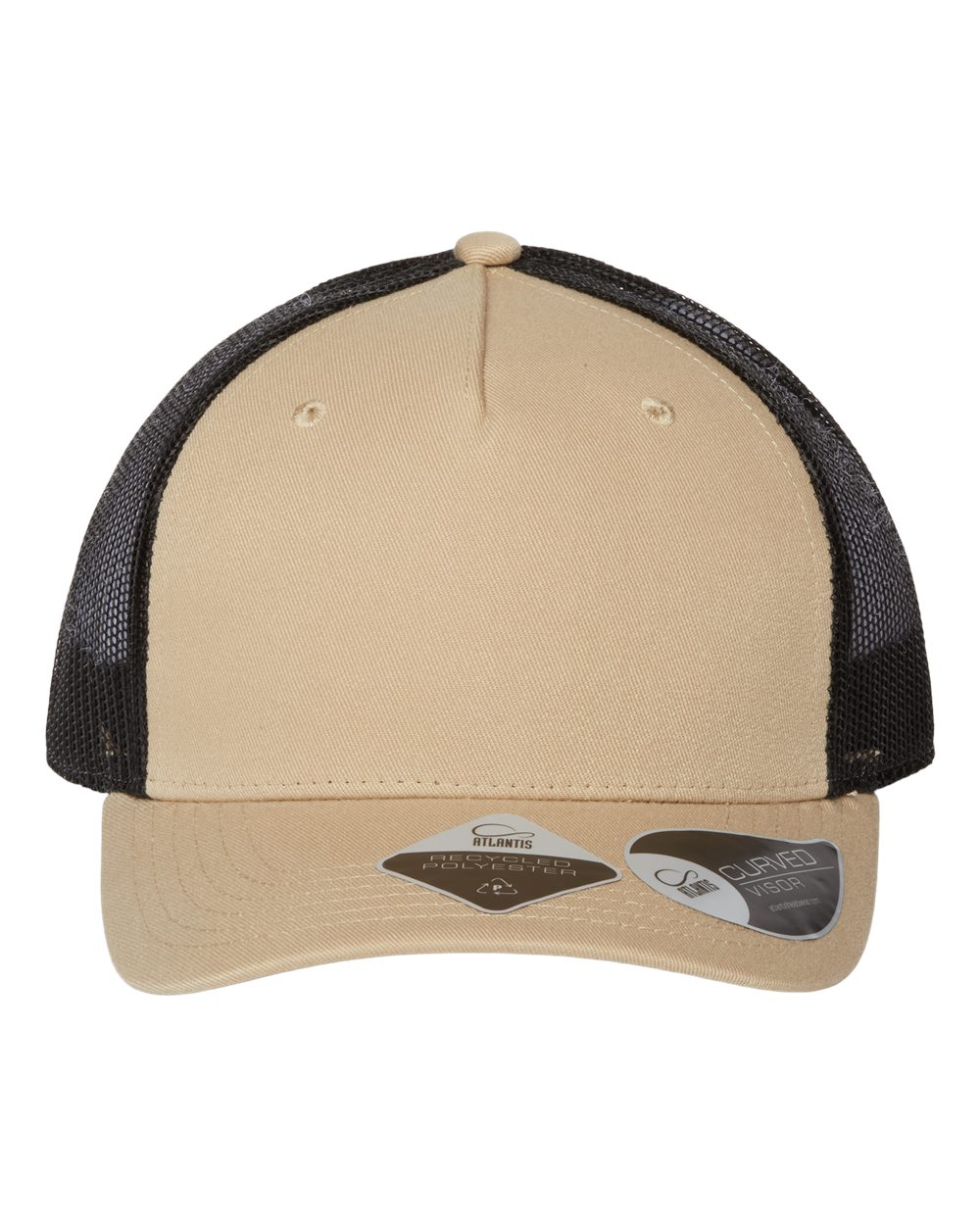 Front View of Khaki/ Black Sustainable Five-Panel Trucker Cap - ZION