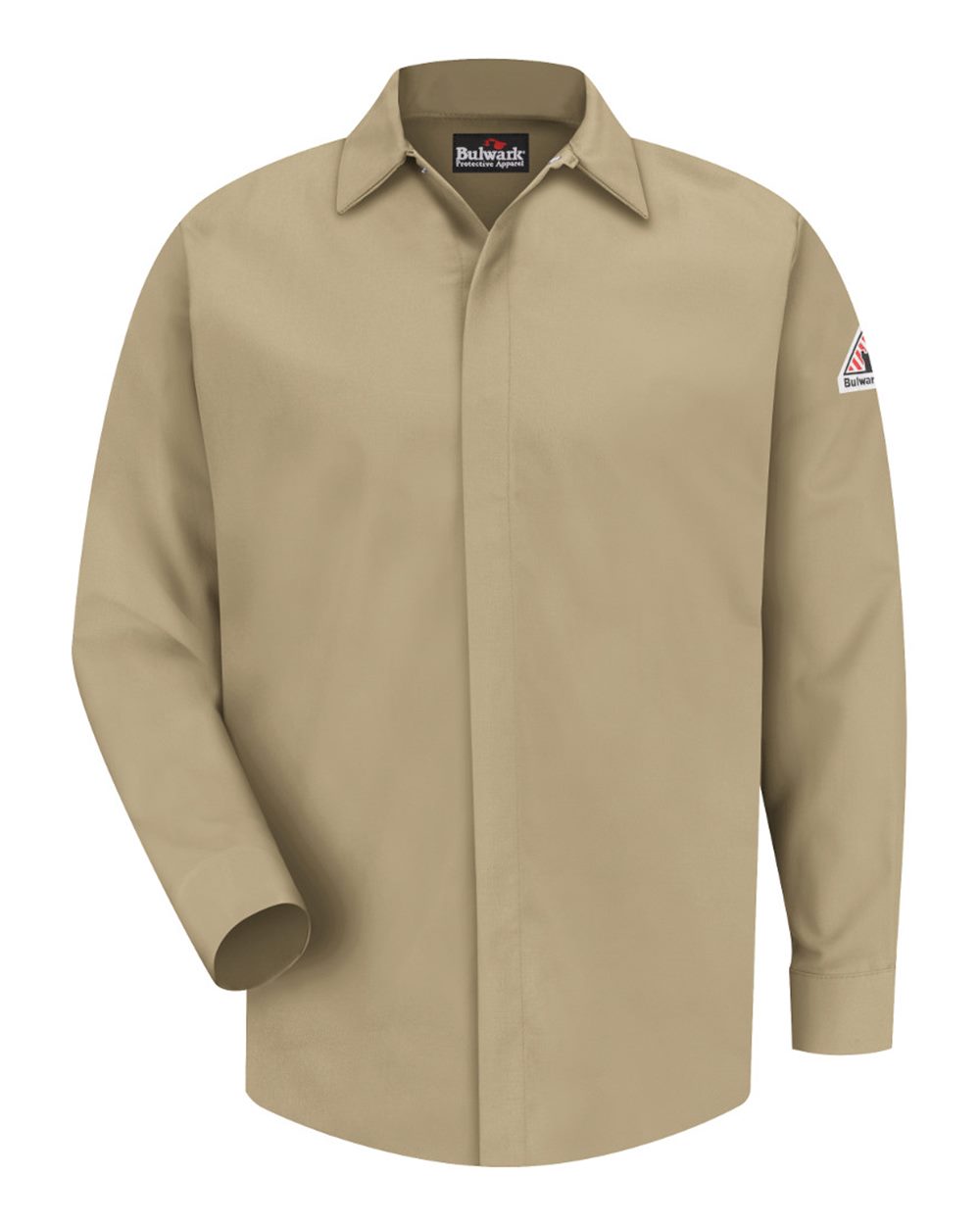 Front View of Khaki Concealed-Gripper Pocketless Work Shirt - SLS2