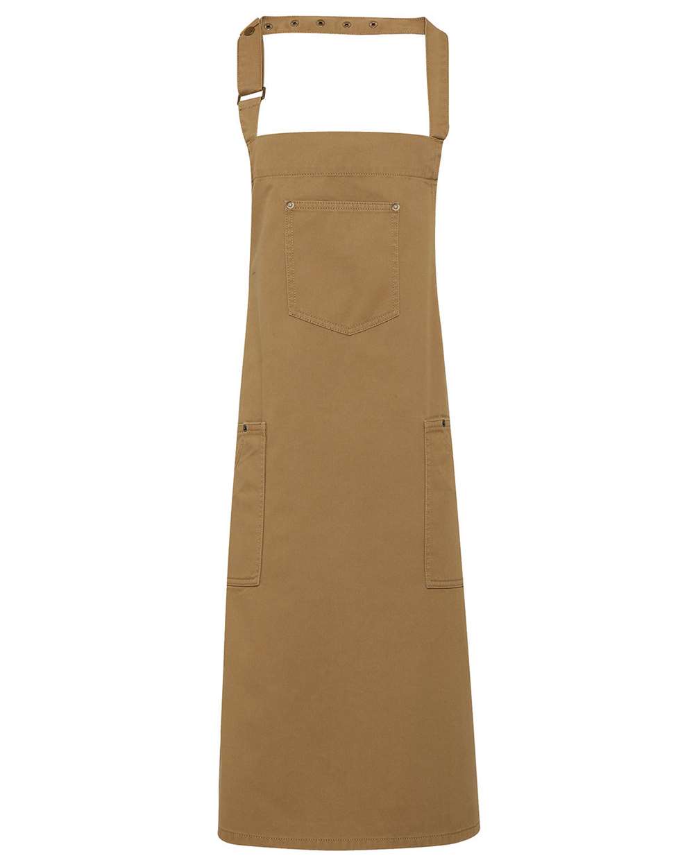 Front View of Khaki Cotton Chino Bib Apron with Pocket - RP132