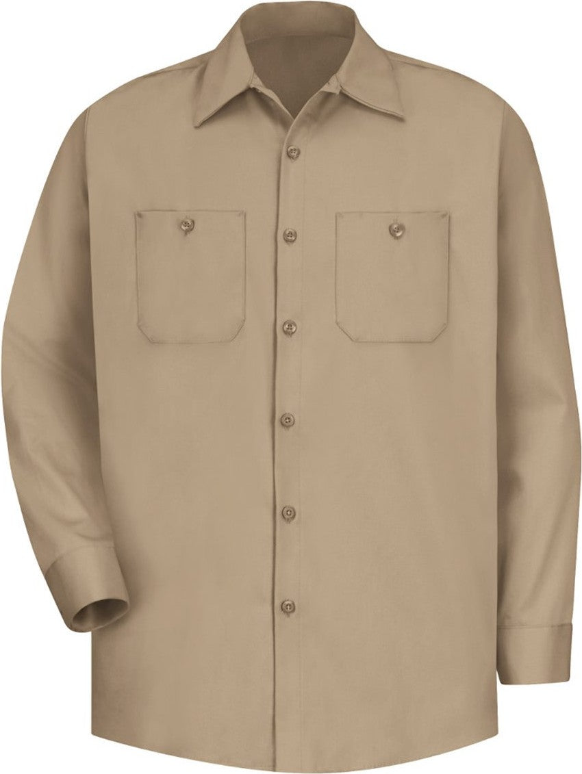 Front View of Khaki Cotton Long Sleeve Uniform Shirt - Tall Sizes - SC30T